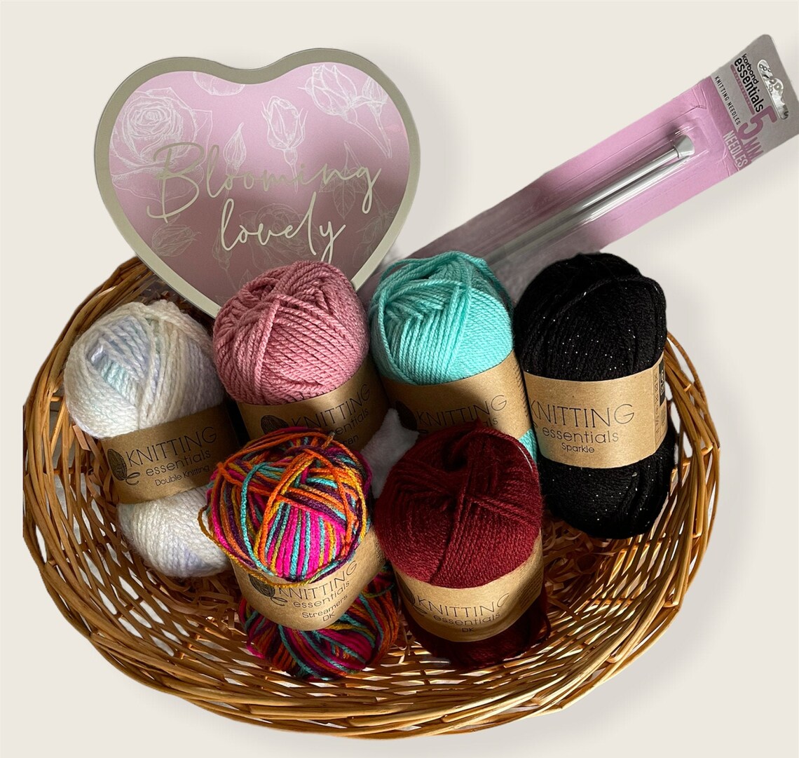 Knitting yarn gift hamper basket with knitting needles and Etsy