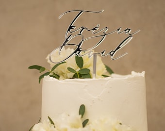 Custom silver cake topper for wedding, gold wedding cake topper with names, black tie wedding cake chrm, modern cake decor calligraphy