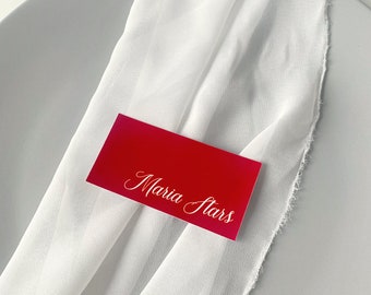 Tarjeta de lugar de Navidad, tarjeta de nombre de copo de nieve, placa de nombre de feliz Navidad personalizada, círculo rojo doblado, decoración de boda de invierno,