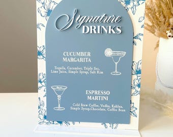 Modern blue floral signature drinks wedding sign, custom acrylic signature drink menu display, personalized arch bridal party bar signage