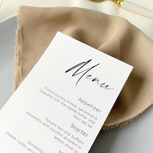 cardápio de casamento minimalista, cardápio de papel elegante e personalizado, cartões de cardápio personalizados, cartões de cardápio elegantes, lista de pratos para o jantar, cardápio branco com nome