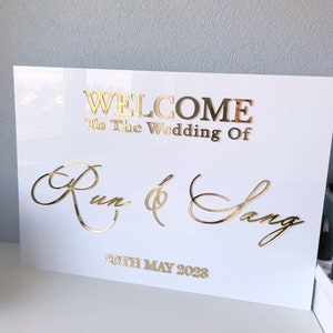 Individuelles Willkommensschild aus Acryl, Hochzeit personalisiertes Schild, elegantes einzigartiges Zeremonie-Schild, Gold-Empfangsschild, Willkommen zur Hochzeit