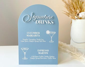 Modern blue signature drinks wedding sign, custom acrylic signature drink menu display, personalized arch bridal party bar signage
