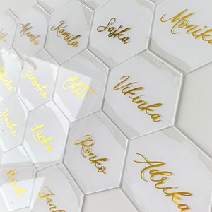 Segnaposto per matrimonio in acrilico, Segnaposto unici per matrimoni, Segnaposto personalizzati per eventi, Segnaposto eleganti, Segnaposto esagonale