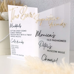Menu de bar personnalisé en acrylique, double menu de barres, enseigne de menu de bar personnalisée, enseigne de boisson signature pour mariage, menu de bar avec texte 3D en double acrylique