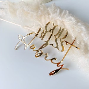 Acrylic personalized god bless cake charm, acrylic christening cake topper, gold baptism name, christening cake charm, custom baptism topper