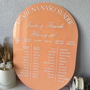Ovaal acryl bord met zitplaatsen, perzikkleurige bruiloft welkomstbord, gepersonaliseerd, bord voor gasten tafel, vind je stoel, onze favoriete mensen
