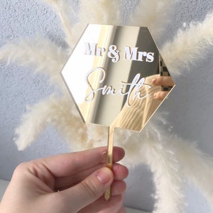 mr and mrs hexagon cake topper, custom wedding cake topper, mr and mrs cake decor, personalized cake topper, gold wedding cake topper,