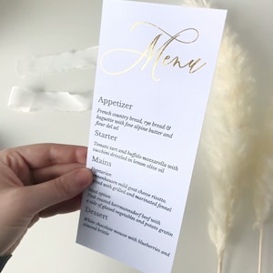 Cardápio de casamento dourado, cardápio de papel personalizado, cartões de cardápio em folha de ouro, papelaria para casamento, convite para cardápio de casamento,