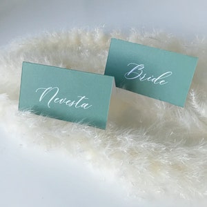 Marque-places de mariage en papier sauge, élégantes plaques signalétiques en papier, carte de visite de table de mariage de verdure, nom de carte verte minimale, carte verte avec nom