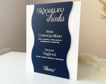 Modern wavy signature drinks wedding sign, custom blue acrylic signature drink menu display, personalized arch bridal party bar signage