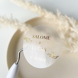 Autocollants de mariage personnalisés avec nom et date, autocollant feuille transparente pour les invités de mariage, feuille d'or, étiquette d'invitation d'enveloppe de mariage