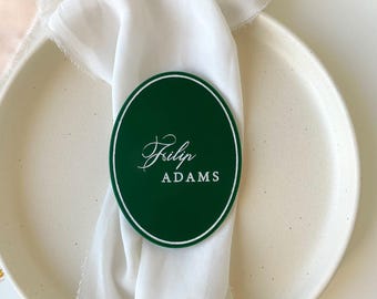 Oval wedding place card, Modern oval name card for wedding, green name tags, custom name, bridal party sign, dark green ceremony signage