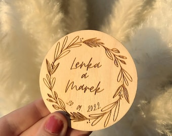Imán de boda de madera, regalo para invitados a la boda, recuerdo de boda de madera, imán de recuerdo de madera, imán de boda personalizado, imán de corona,