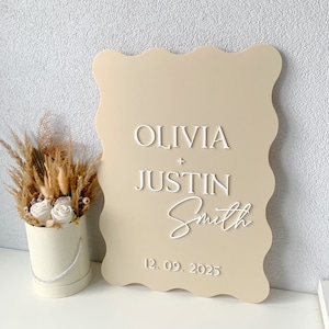 Acryl aangepaste welkomstbord, golvend bruiloft welkomstbord, pesronalized beige bord, grillig modern bord voor bruiloft, bruiloft bord acryl