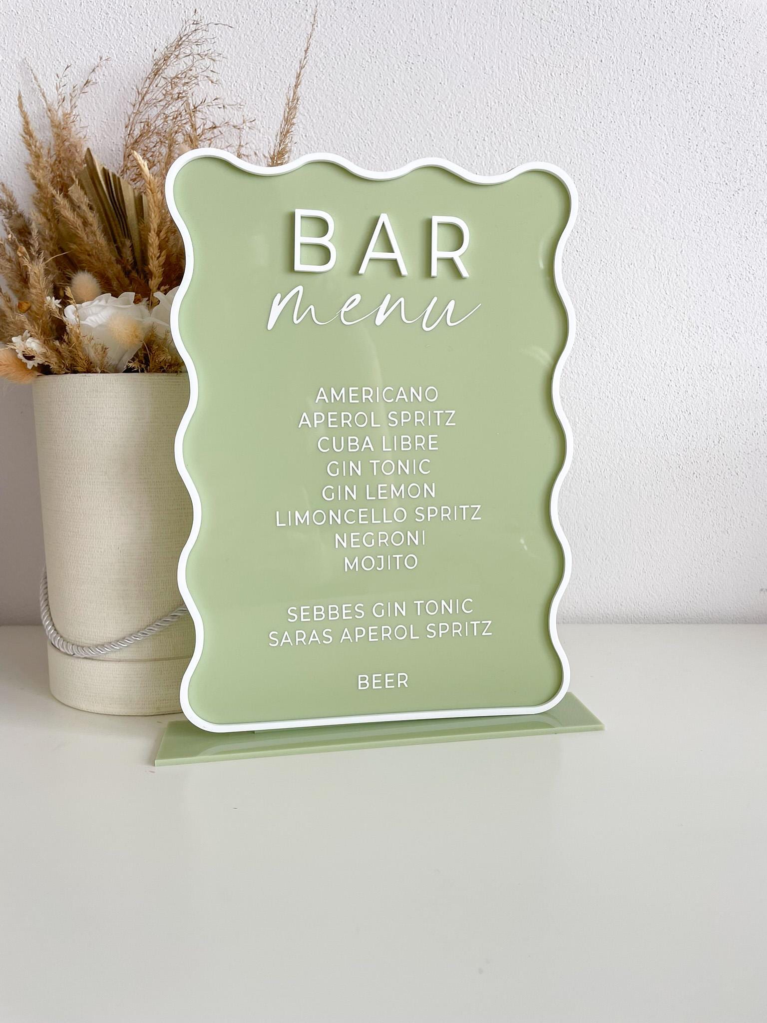 Personalized wavy acrylic bar menu sign, drink menu signage for event, Table custom bar display, Modern signature drinks sign, cocktails