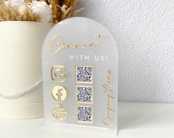 Connectez-vous avec nous - Panneau acrylique scannable avec code QR pour les réseaux sociaux - Panneau pour votre entreprise, Instagram Tiktok, panneau acrylique doré pour réseaux sociaux