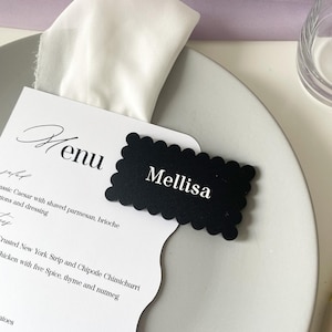 Acrylic wavy placecards, Modern personalized name tags, Sage green wedding table placecard, hello name wedding names