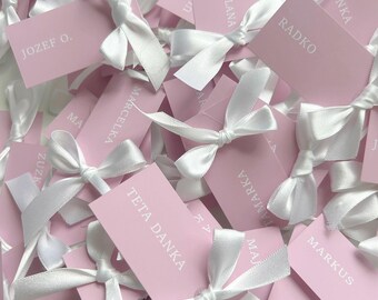 Segnaposto per matrimonio in carta rosa chiaro con nastro, targhetta con nome in carta calligrafica, segnaposto rosa per tavolo da matrimonio, segnaposto per matrimonio con nastro