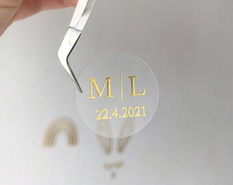 Set of 10 Wedding initials sticker with date, transparent clear sticker gold, silver, rose gold sticker invitaion wedding decor guest gifts