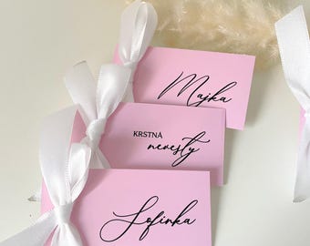 Pink Paper wedding place cards with ribbon, baby pink ribbon name tags, pink wedding decoration, modern custom place card, paper nameplates