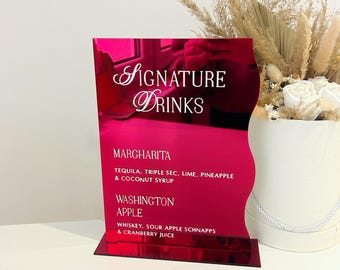 Modern red signature drinks wedding sign, custom acrylic signature drink menu display, personalized wavy bridal party bar signage