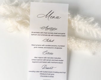 Transparent custom wedding menu, vellum personalized menu, frosted menu cards, modern Wedding Menu and Name Card, wedding menu