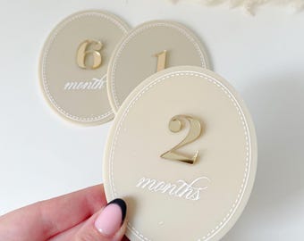 Baby acrylic oval milestones, modern beige  kid milestones, acrylic boho baby milestones, circle photo prop for newborn, modern baby months,