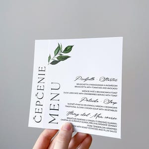 Groen aangepast trouwmenu, gepersonaliseerd papieren menu, groene elegante menukaarten, elegante menukaarten, bruiloftsbriefpapier, groene bladerenrand