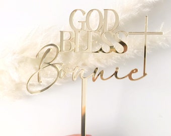 Acrylic personalized god bless cake topper, acrylic cake topper, gold baptism cake topper, christening cake decor, gold baptism cake charms