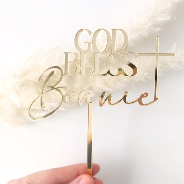Acrylic personalized god bless cake topper, acrylic cake topper, gold baptism cake topper, christening cake decor, gold baptism cake charms