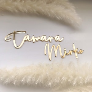 Marque-place doré découpé au laser, carte de visite en acrylique, nom découpé pour mariage, nom de calligraphie, plaque signalétique de fête, nom découpé au laser