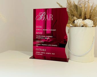 Modern red Bar wedding sign, custom drink sign acrylic signature drink menu display, personalized wavy bridal party bar signage, Red Mirror