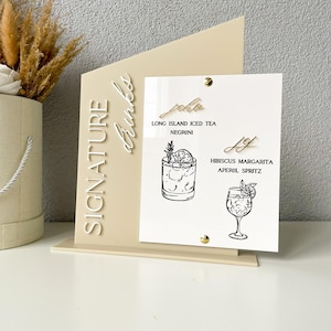 Enseigne de menu de bar personnalisée en acrylique doré, boissons exclusives au menu pour un événement, boissons pour lui et pour elle, enseigne d'écriture moderne, fête de mariage