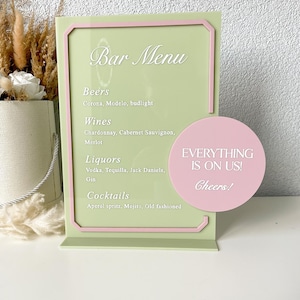 Enseigne de menu de bar en acrylique moderne personnalisée, signalisation de menu de boissons pour un événement, affichage de bar personnalisé de table, enseigne de script moderne, mariage unique