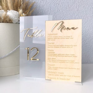 Numery stołów weselnych z menu, numery stołów, akrylowe numery stołów, menu weselne, menu akrylowe, dekoracje stołów imprezowych, akrylowe znaki na stoły