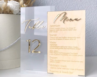 Wedding table numbers with menu, table numbers, acrylic table numbers, wedding menus, acrylic menus, party table decor, acrylic table signs