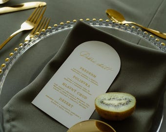 Menú de boda personalizado con letras doradas, tarjeta de menú de boda en forma de arco, menú personalizado plateado para la recepción, tarjeta de comida de boda en oro rosa