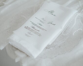 Menú de boda transparente con nombre, tarjeta de menú personalizada de vitela, tarjetas de menú de vitela, Menú de boda transparente y tarjeta de nombre, menú de boda