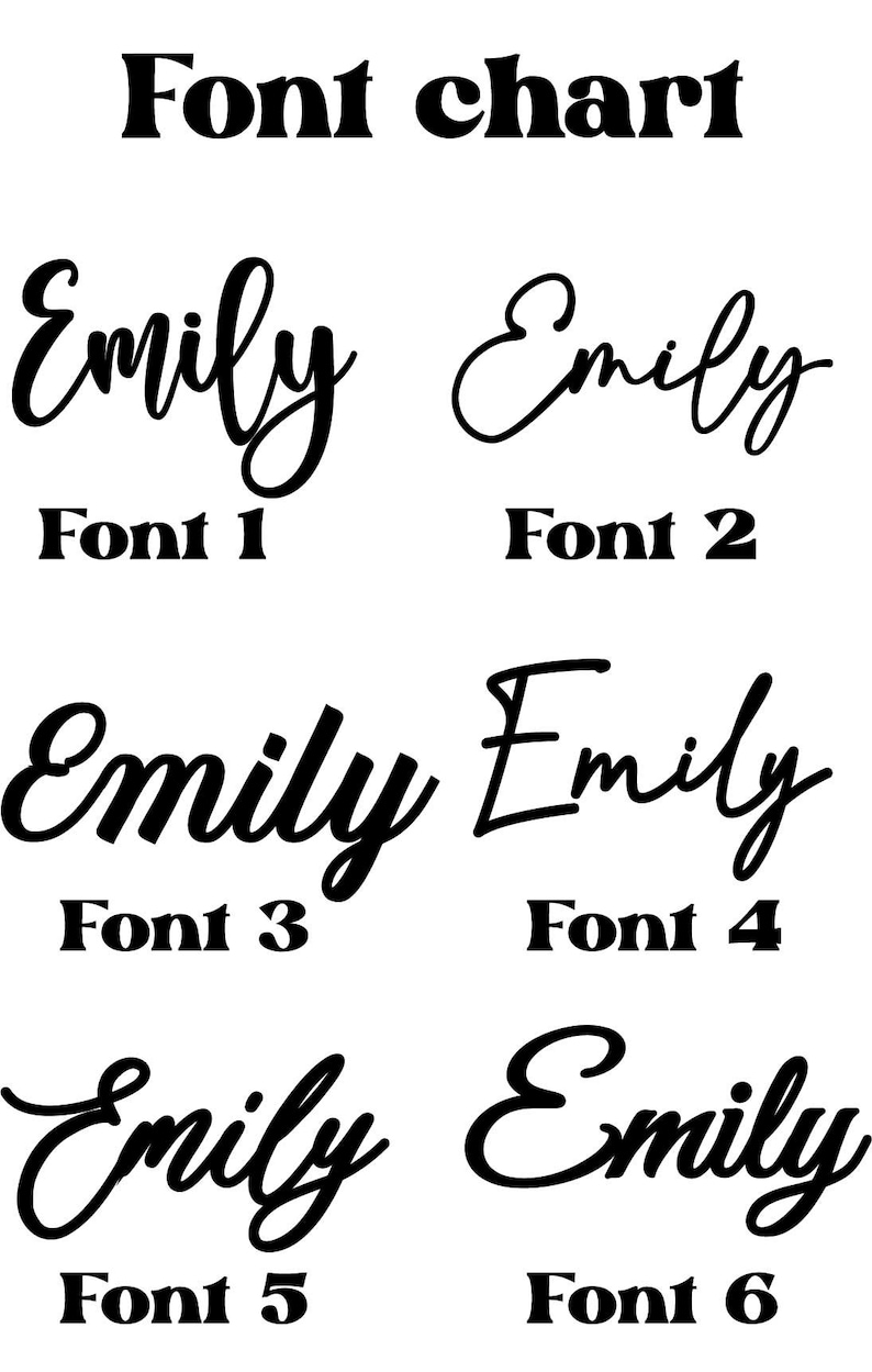 Pu&ograve; includere: Tabella di font che mostra sei stili diversi del nome "Emily".
