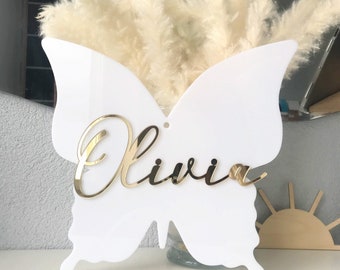 Letrero de mariposa para guardería, letrero personalizado para habitación infantil, decoración de pared con mariposas, letrero con nombre dorado personalizado, letrero acrílico personalizado para guardería, regalo para bebé