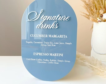 Modern oval signature drinks wedding sign, custom acrylic signature drink menu display, personalized arch bridal party bar signage