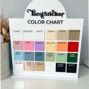 May include: Color chart with 20 different color swatches for vinyl stickers. The colors include clear, frosted, white, cream, beige, cappuccino, dusty pink, pink, purple, yellow, orange, red, baby blue, blue, dark blue, sage green, green, dark green, silver, rose gold, gold, black matte, and black.