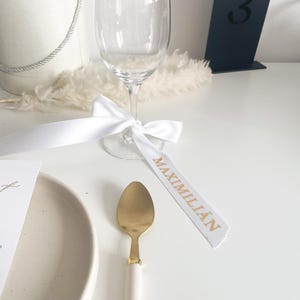 Custom gold wedding ribbon name cards, personalized ribbon with name, wedding ribbon placecard, white ribbon with gold name, elegant name