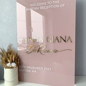 Acryl doopwelkomstbord, welkom doopbord, gepersonaliseerd trouwbord, blush roze bord voor bruiloft, bruiloft welkomstbord