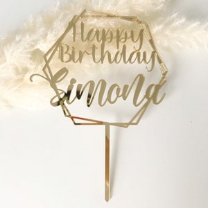 Acrylic birthday cake topper, acrylic gold cake topper, hexagon birthday topper, personalized birthday cake decor, happy birthday