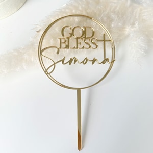 Acrylic personalized god bless cake topper, acrylic cake topper, gold baptism cake topper, christening cake decor, gold baptism cake charms