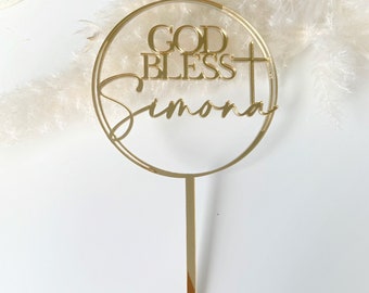 Acrylic personalized god bless cake topper, acrylic cake topper, gold baptism cake topper, christening cake decor, gold baptism cake charms