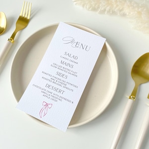 Cardápio de evento com laço, cardápio de papel elegante e personalizado para o Natal, cartões de cardápio personalizados, cartões de cardápio elegantes, decoração de mesa para o Feliz Natal