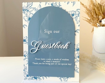 Modern blue floral wedding guestbook sign, custom acrylic signature guest book display, personalized arch bridal party sign our guestbook